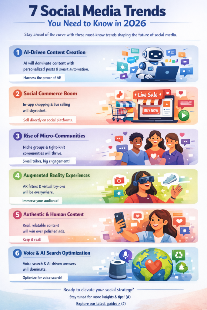 Infographic showing 7 social media trends in 2026, including AI-powered content, short-form storytelling, micro-communities, creator-led marketing, social commerce, authenticity, and social search optimization.