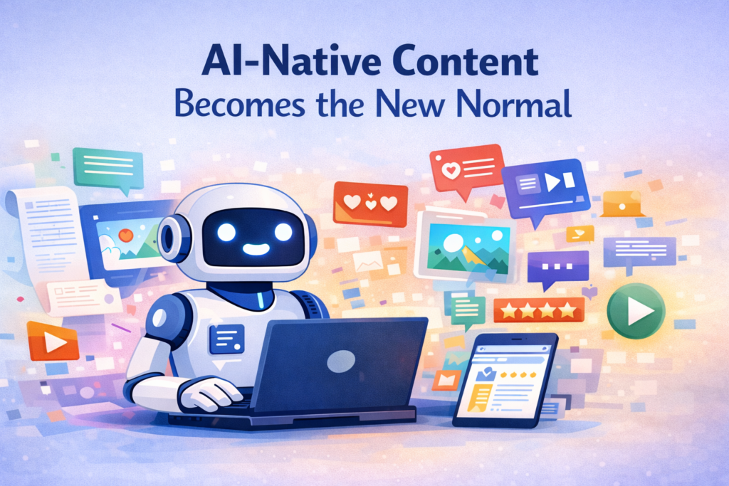 AI-powered robot creating digital content on a laptop with floating content icons, representing AI-native content in social media.
