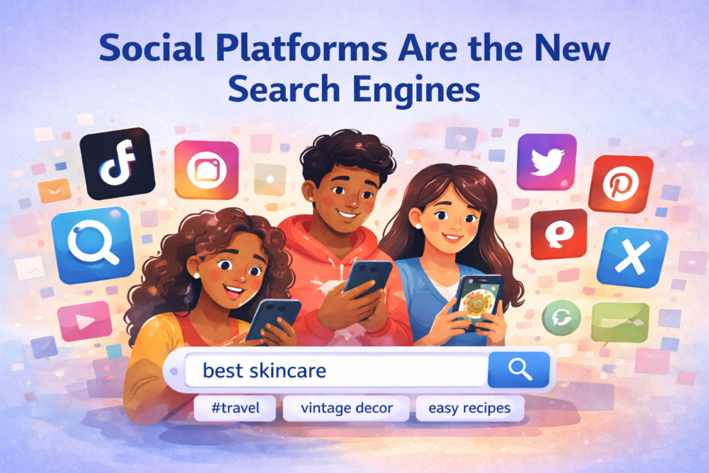 Young adults using smartphones with a floating search bar and social media icons, showing social platforms as search engines.