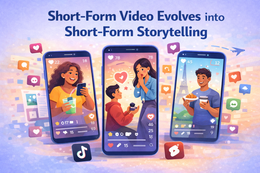 Three smartphones displaying engaging short-form videos with likes, comments, and hearts, showing short-form storytelling trends.