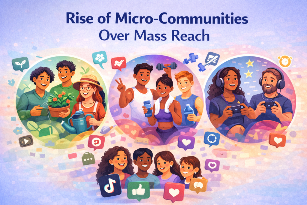 Colorful illustration of niche communities like fitness, gaming, and gardening, representing micro-community engagement.