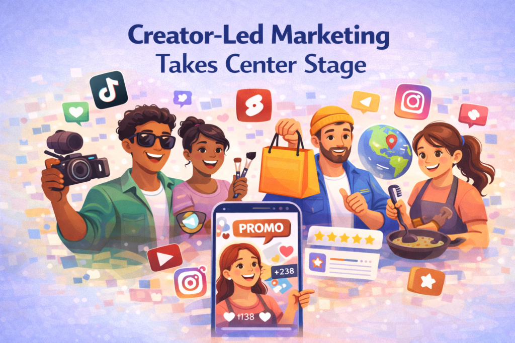 Diverse social media creators with smartphones and social media icons, representing creator-led marketing trends.
