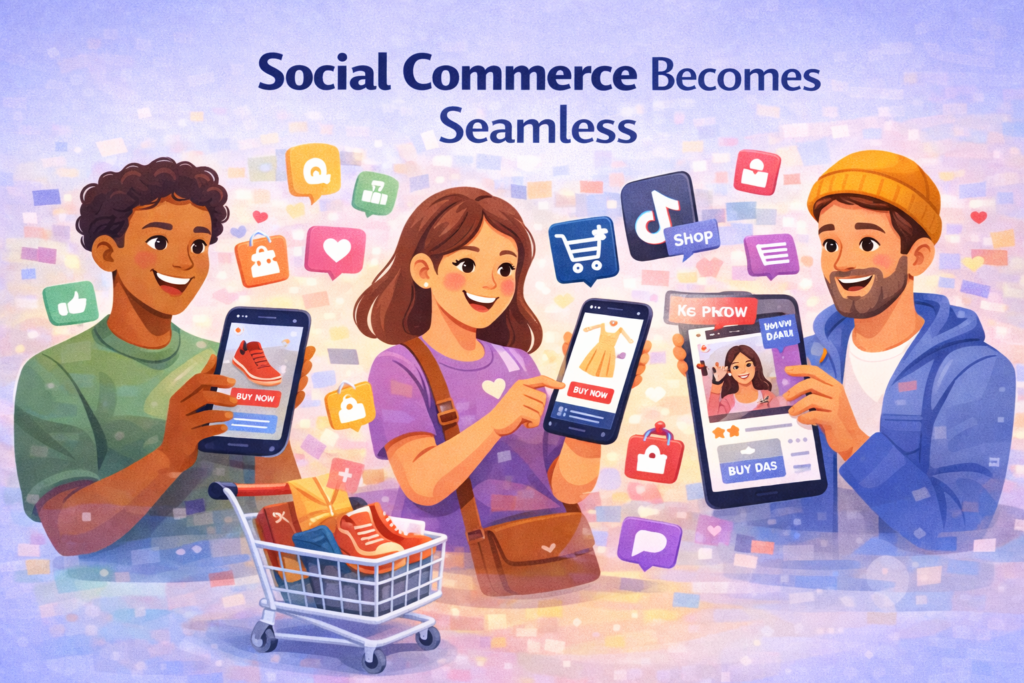 People shopping via smartphones with floating shopping icons and social media logos, showing social commerce integration.